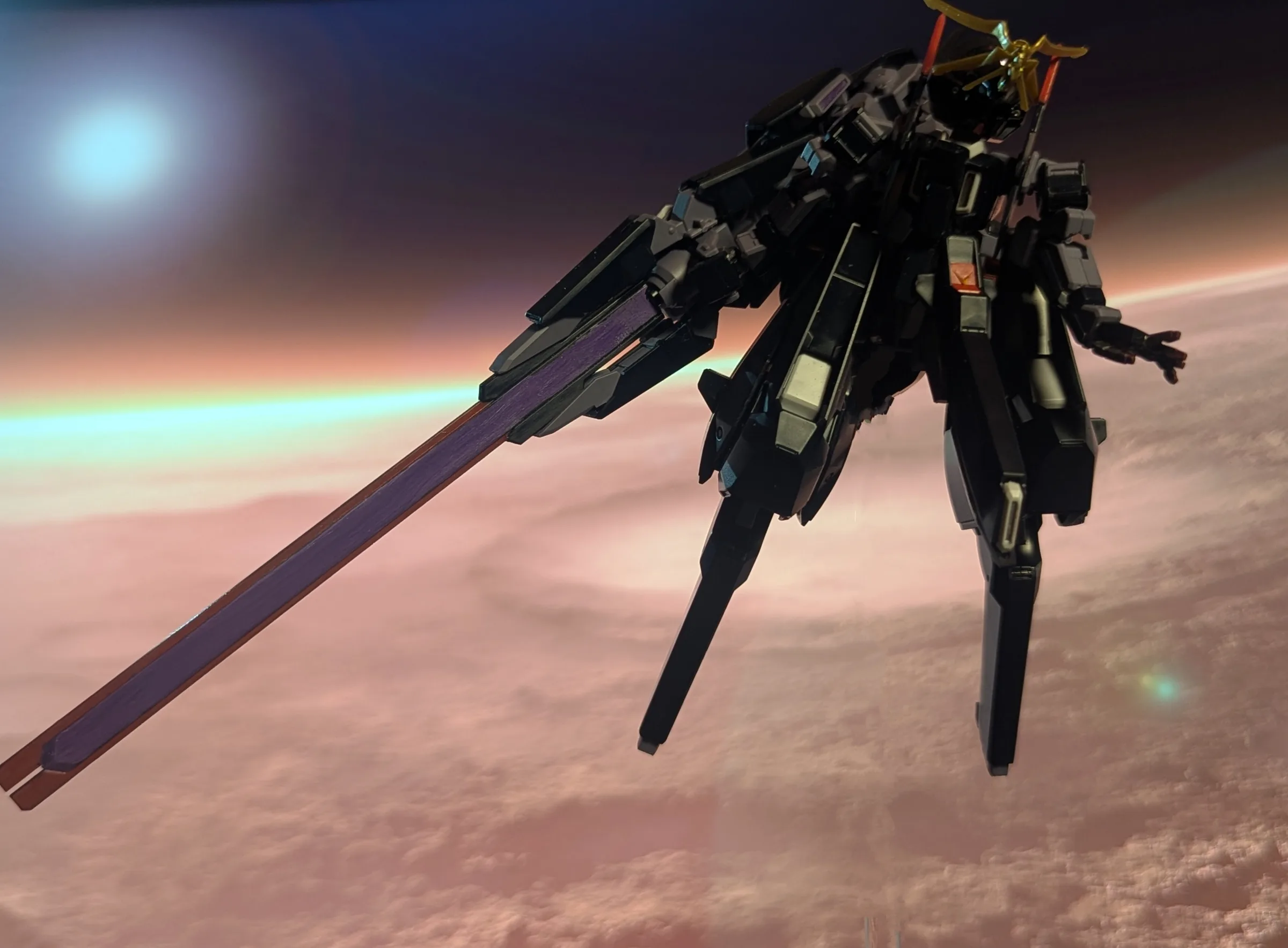 Woundwort Psycho Blade Ver., a black mecha with a long purple blade floating above a cloudy planet