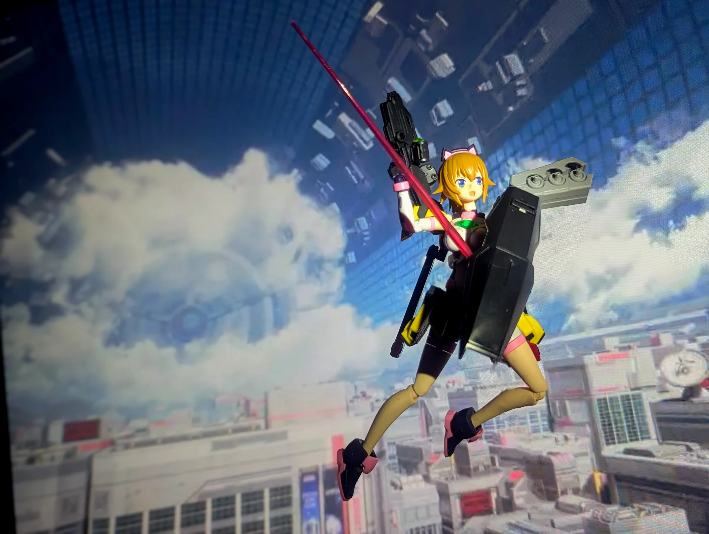AVATAR Fumina Custom, a cat-ear mecha figure with a shield leaping over a city skyline
